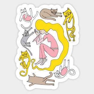 Sleeping girl, sleeping cats Sticker